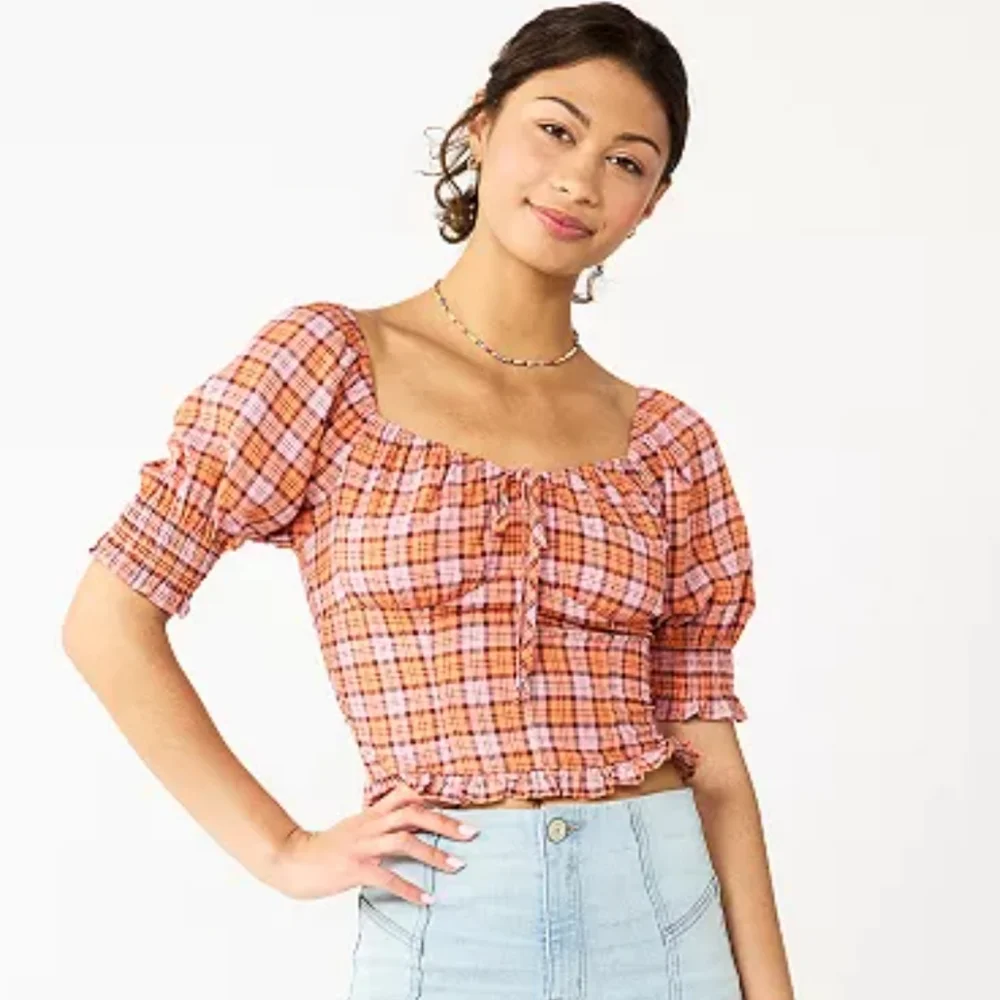 DONATED Plaid Puff Sleeve Top Pink Orange NWT - Picture 1 of 5
